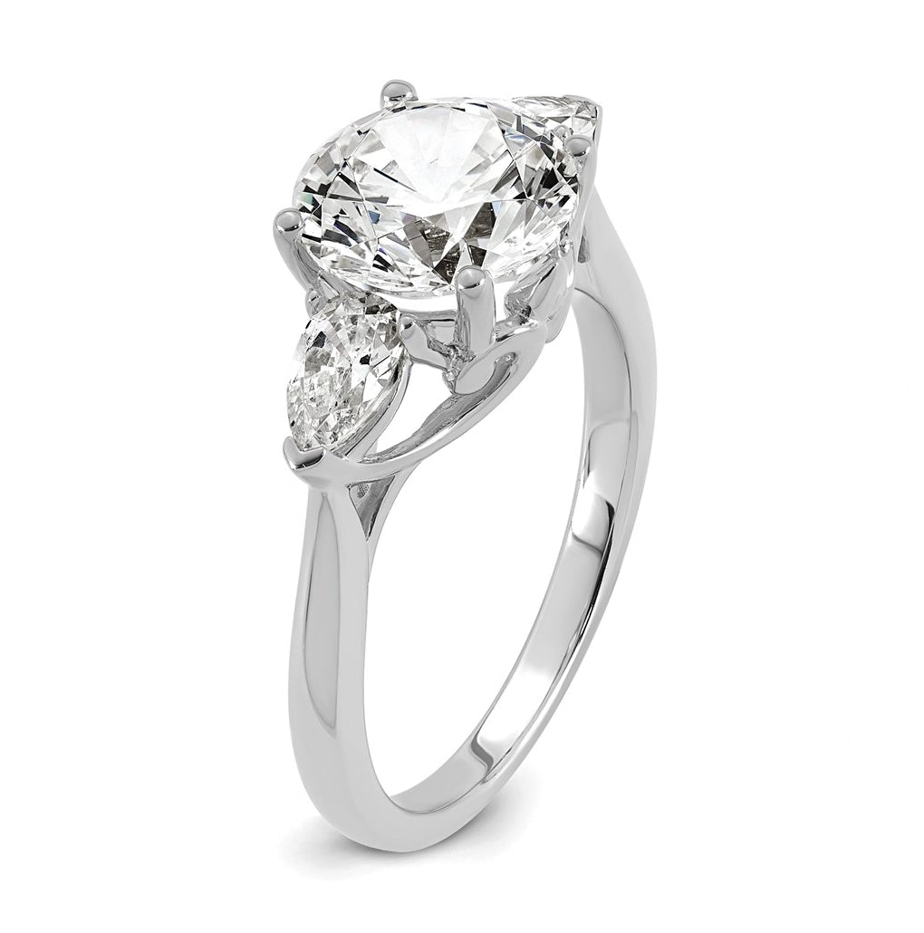 14K Yellow Or White Gold Certified Lab Grown Diamond VS+ F+ Round with Pear Sidestones Complete Three Stone Engagement Ring