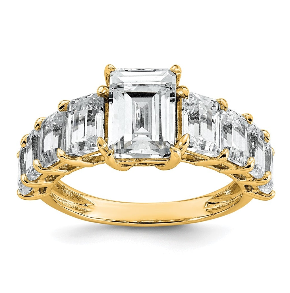 14k Yellow Gold 5 carat Lab Grown Diamond VS+ F+ Emerald Complete Shared Prong Engagement Ring