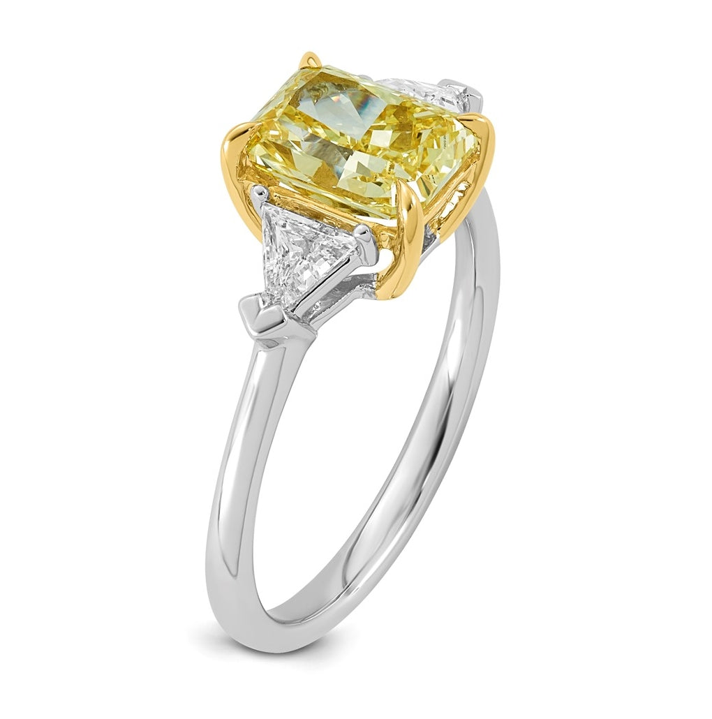 14k Two-Tone Gold 2 1/2ct Lab Grown Dia. Radiant VS+ Cert. Vivid Yellow & Trillion VS+