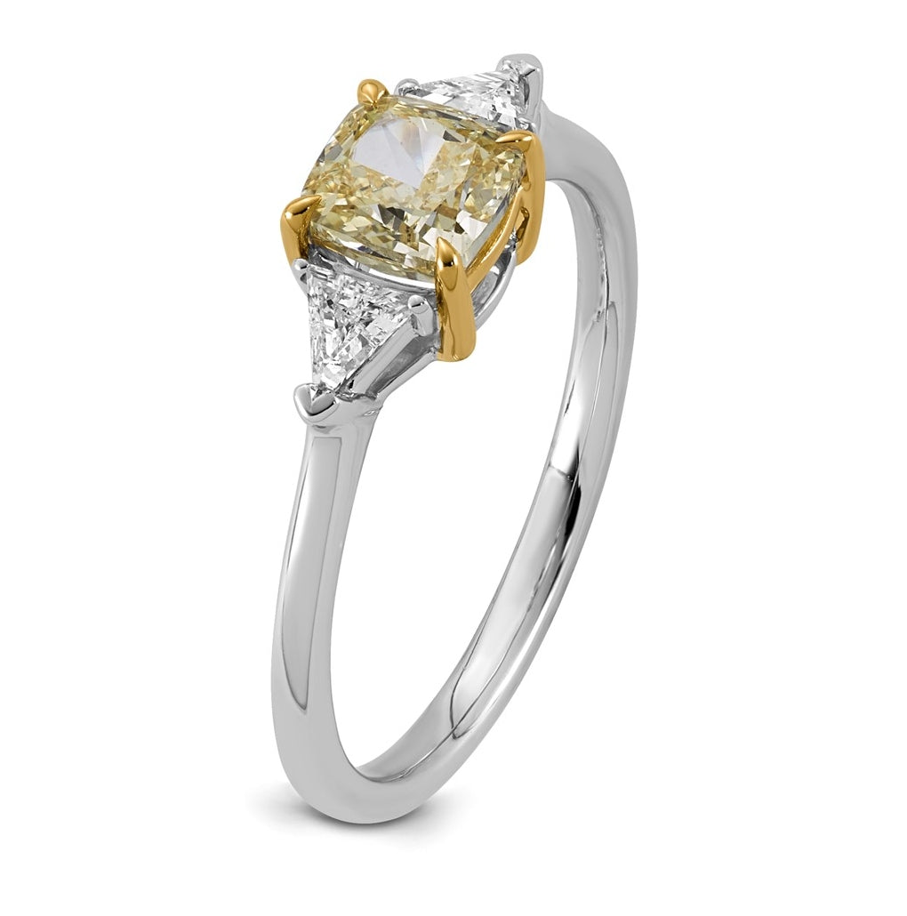 14k Two-Tone Gold 1 1/4ct Lab Grown Dia. Cushion VS+ Cert. Vivid Yellow & Trillion VS+