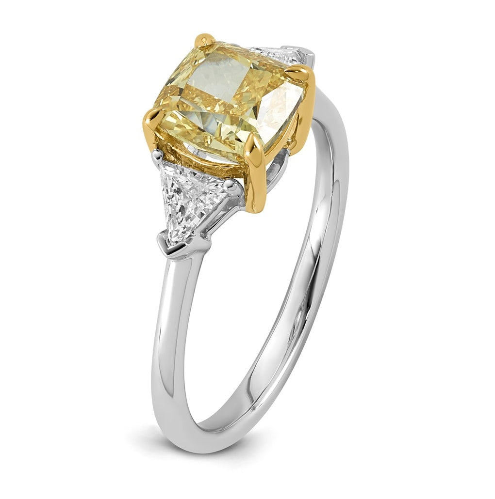 14k Two-Tone Gold 2 1/2ct Lab Grown Dia. Cushion VS+ Cert. Vivid Yellow & Trillion VS+