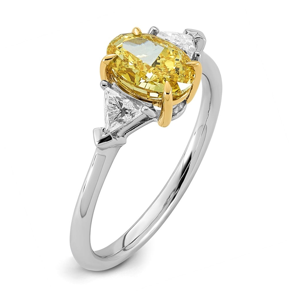 14k Two-Tone Gold 1 1/2ct Lab Grown Dia. Oval VS+ Cert. Vivid Yellow & Trillion VS+ F+