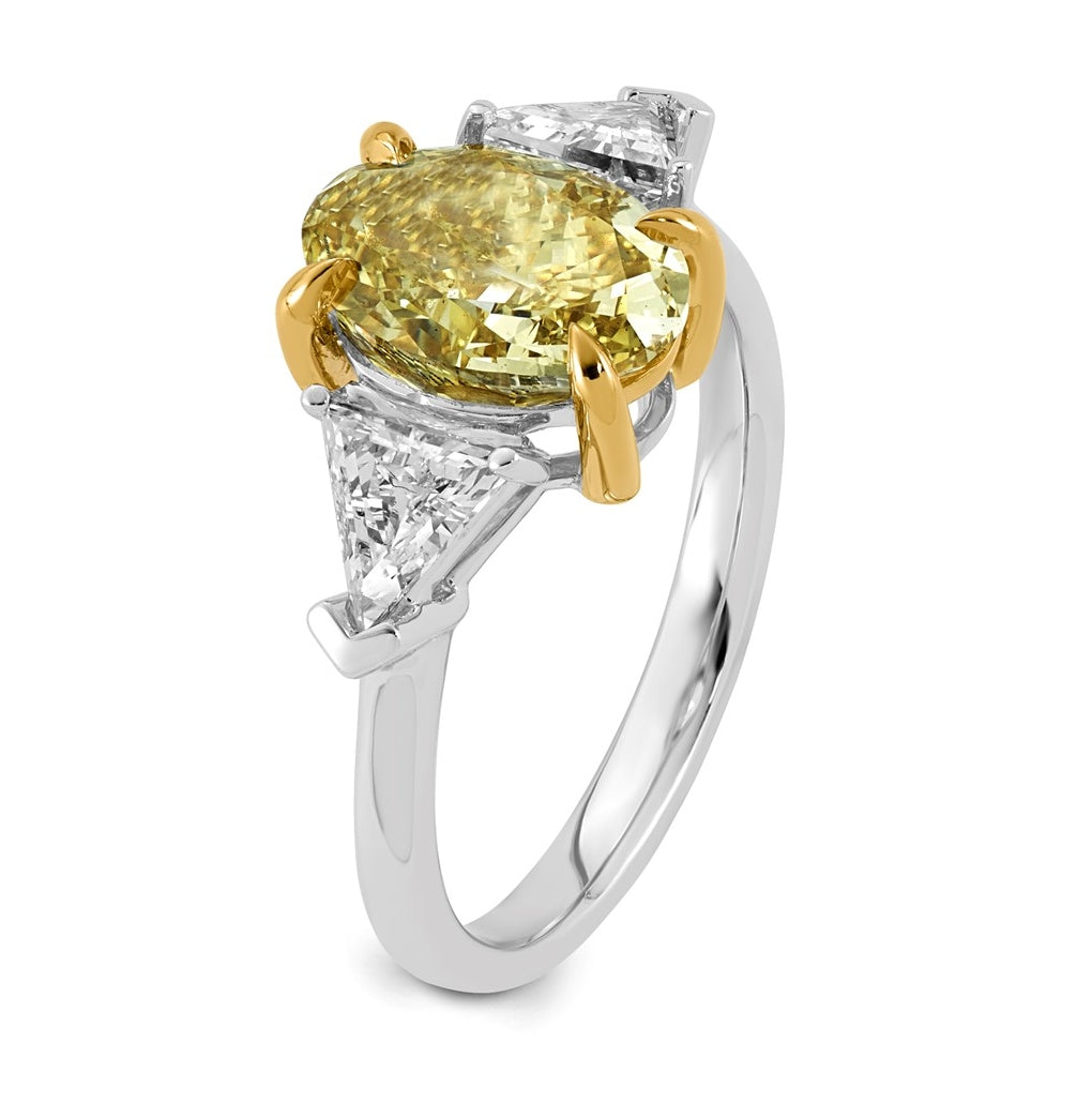 14k Two-Tone Gold 4ct Lab Grown Dia. Oval VS+ Cert. Vivid Yellow & Trillion VS+ F+ Ring