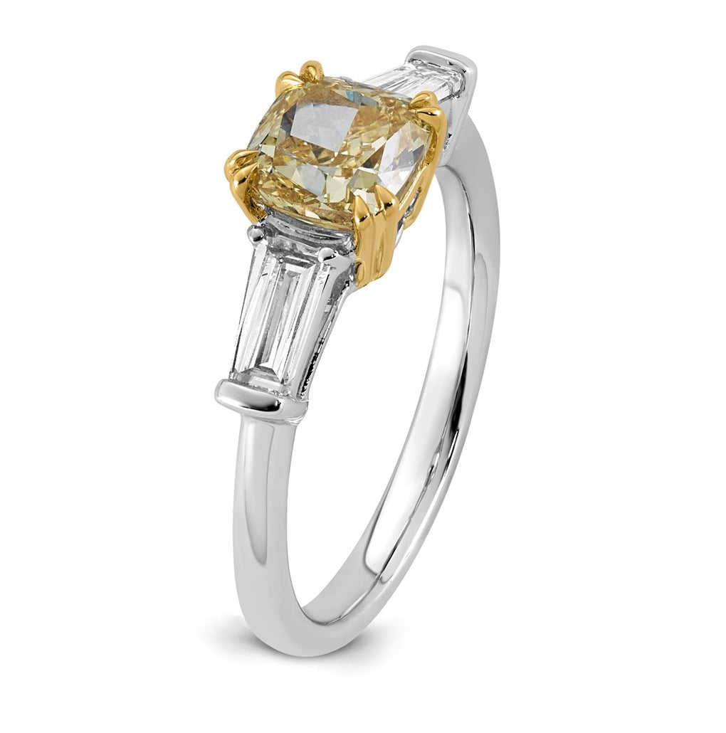 14k Two-Tone Gold 2ct Lab Grown Dia. Cushion VS+ Cert. Vivid Yellow & Baguette VS+ F+ R