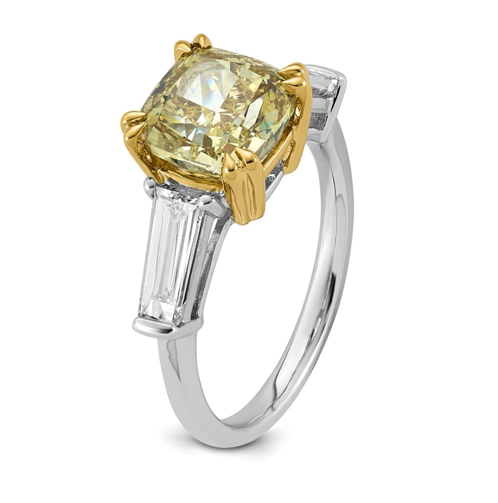 14k Two-Tone Gold 4 1/3ct Lab Grown Dia. Cushion VS+ Cert. Vivid Yellow & Baguette VS+