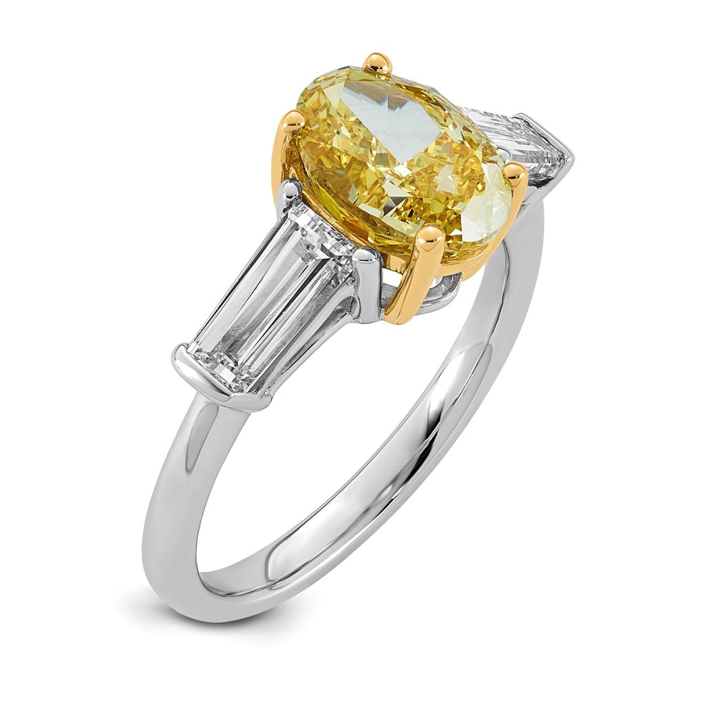 14k Two-Tone Gold 2 3/4ct Lab Grown Dia. Oval VS+ Cert. Vivid Yellow & Baguette VS+ F+