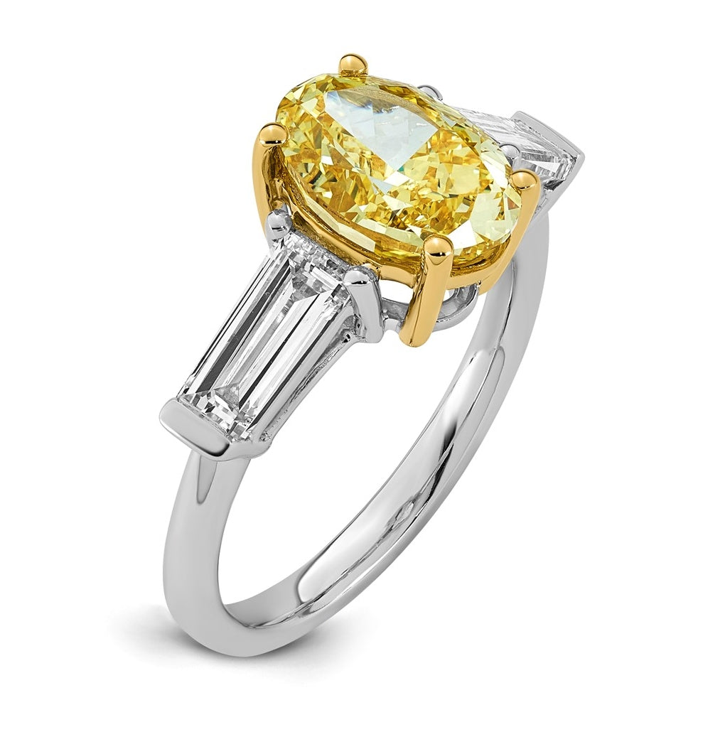 14k Two-Tone Gold 4 1/2ct Lab Grown Dia. Oval VS+ Cert. Vivid Yellow & Baguette VS+ F+