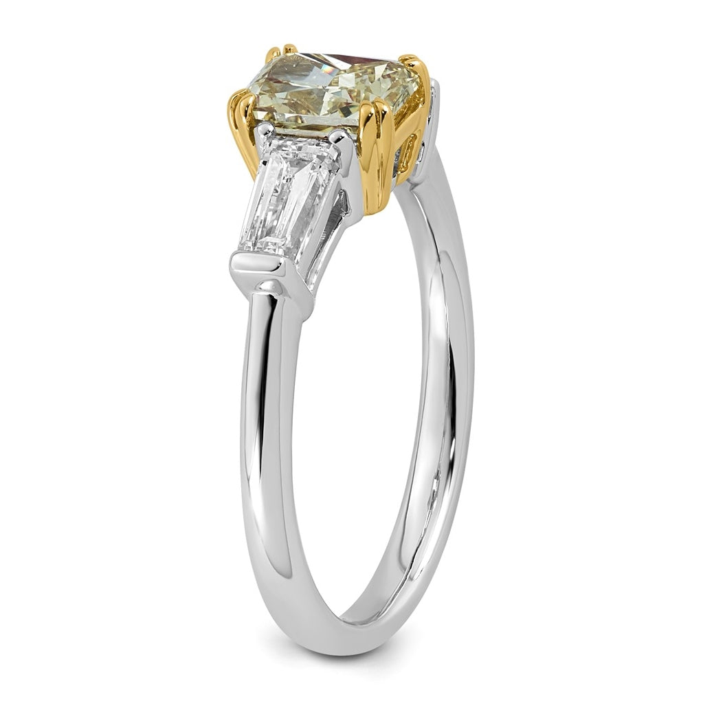 14k Two-Tone Gold 1 1/2ct Lab Grown Dia. Radiant VS+ Cert. Vivid Yellow & Baguette VS+