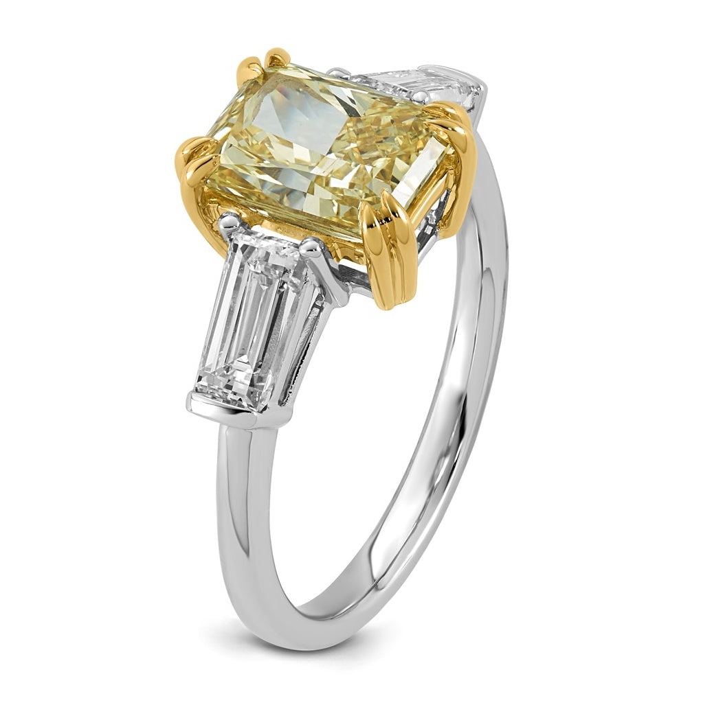 14k Two-Tone Gold 3 1/3ct Lab Grown Dia. Radiant VS+ Cert. Vivid Yellow & Baguette VS+