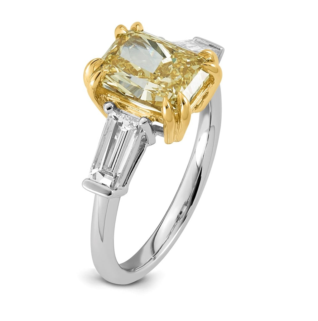 14k Two-Tone Gold 4ct Lab Grown Dia. Radiant VS+ Cert. Vivid Yellow & Baguette VS+ F+ R