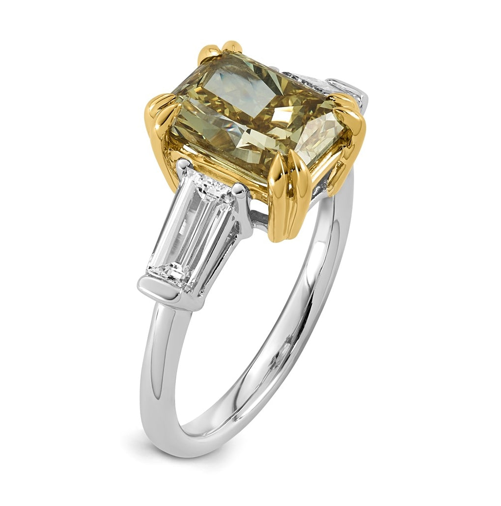 14k Two-Tone Gold 4 1/2ct Lab Grown Dia. Radiant VS+ Cert. Vivid Yellow & Baguette VS+