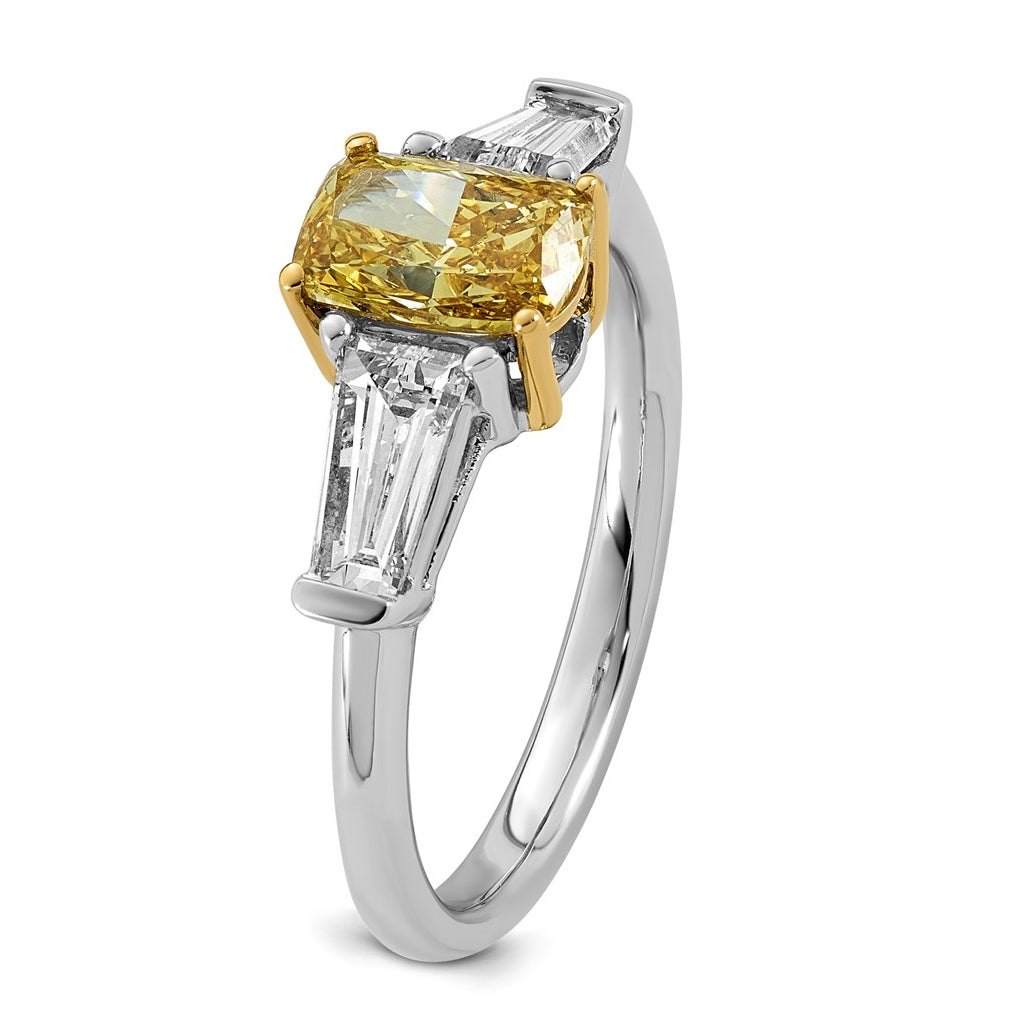 14k Two-Tone Gold Lab Grown Dia. Long Cushion VS+ Cert. Vivid Yellow & Baguette VS+ F+