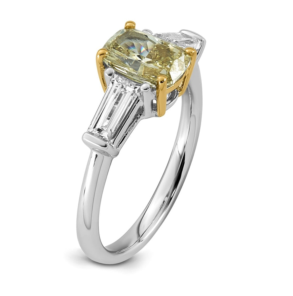 14k Two-Tone Gold Lab Grown Dia. Long Cushion VS+ Cert. Vivid Yellow & Baguette VS+ F+
