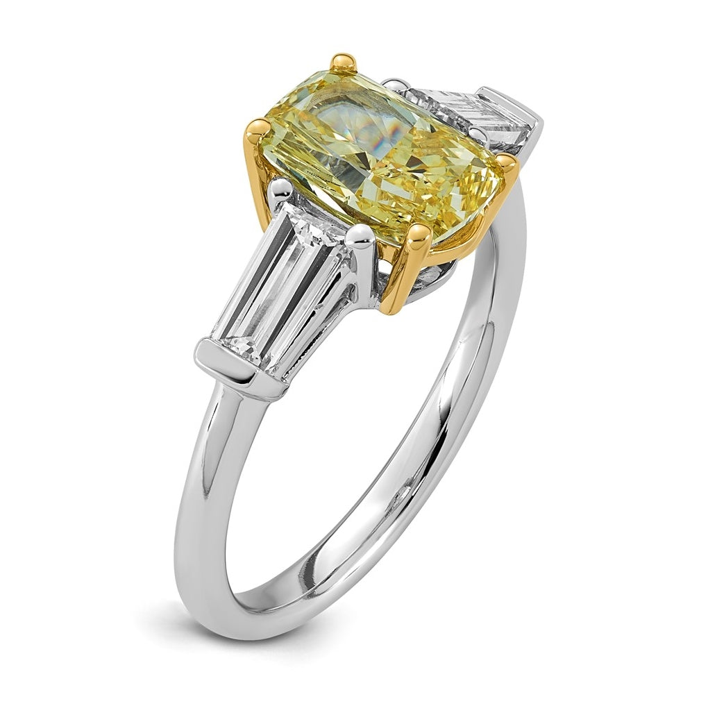 14k Two-Tone Gold Lab Grown Dia. Long Cushion VS+ Cert. Vivid Yellow & Baguette VS+ F+