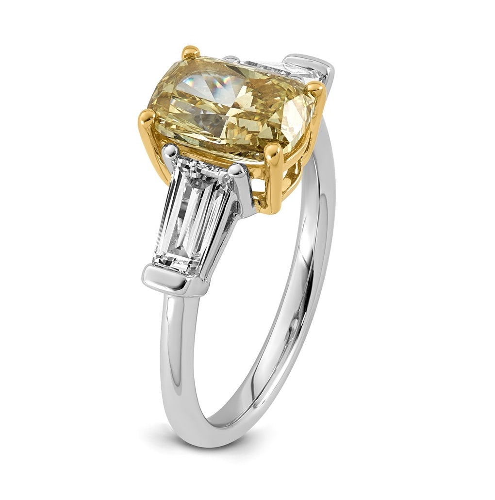 14k Two-Tone Gold Lab Grown Dia. Long Cushion VS+ Cert. Vivid Yellow & Baguette VS+ F+