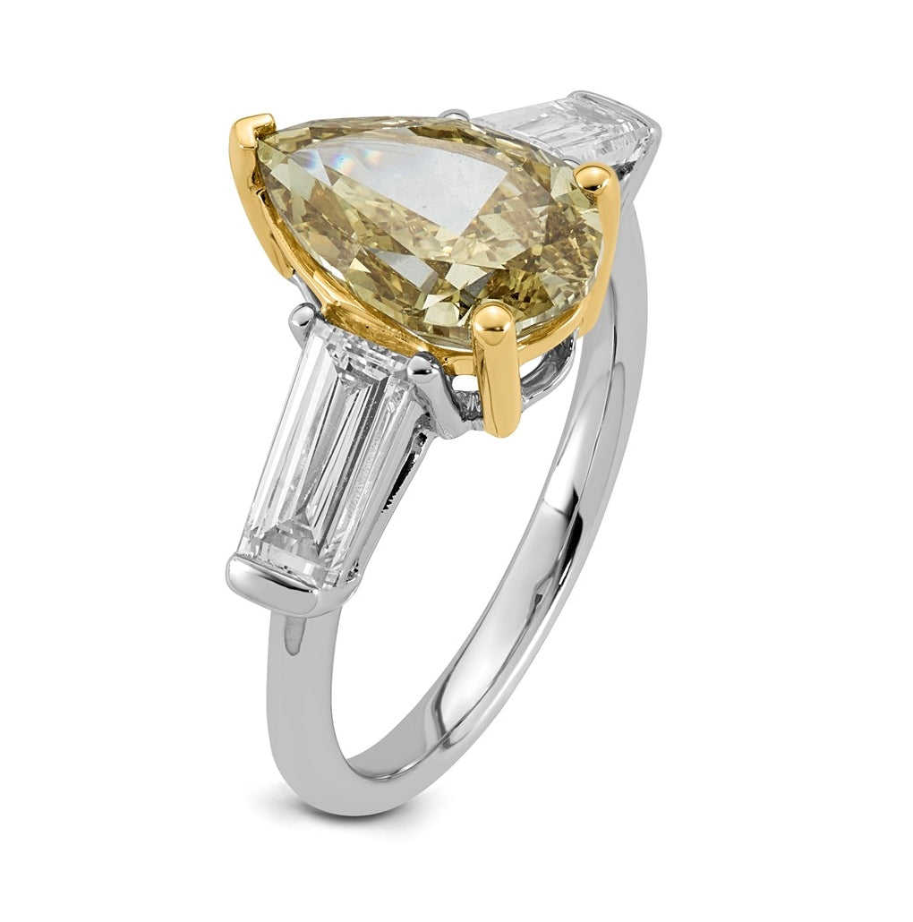 14k Two-Tone Gold 4 1/3ct Lab Grown Dia. Pear VS+ Cert. Vivid Yellow & Baguette VS+ F+
