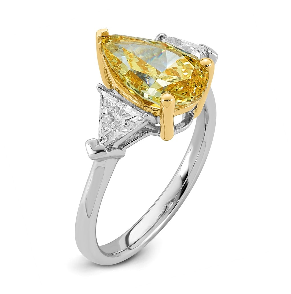 14k Two-Tone Gold 4ct Lab Grown Dia. Pear VS+ Cert. Vivid Yellow & Trillion VS+ F+ Ring