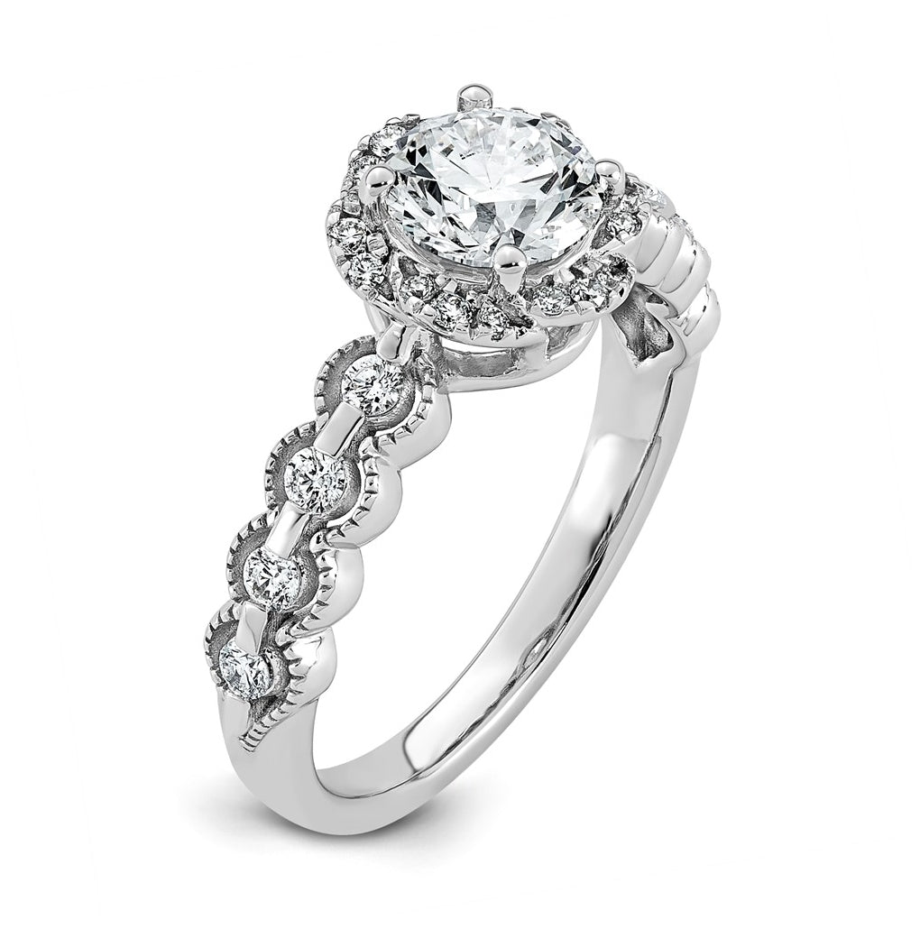 14K White Gold 1 1/3ct Certified Round Center Lab Grown Diamond VS+ F+ Floral Halo Ri