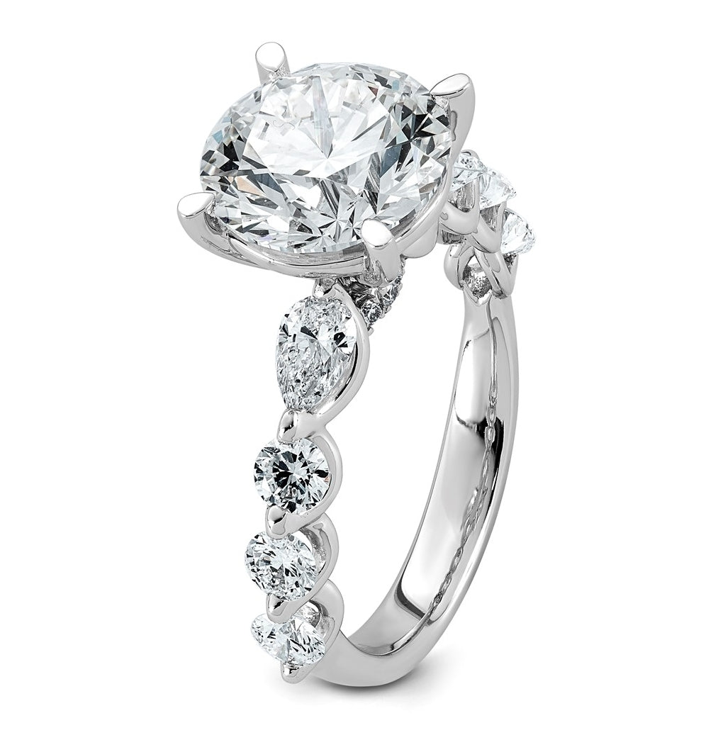 14K White Gold 5 1/8ct Cert. Rd Ctr Lab Grown Diamond VS+ F+ w/ Rd & Pear Sides Comp. Eng