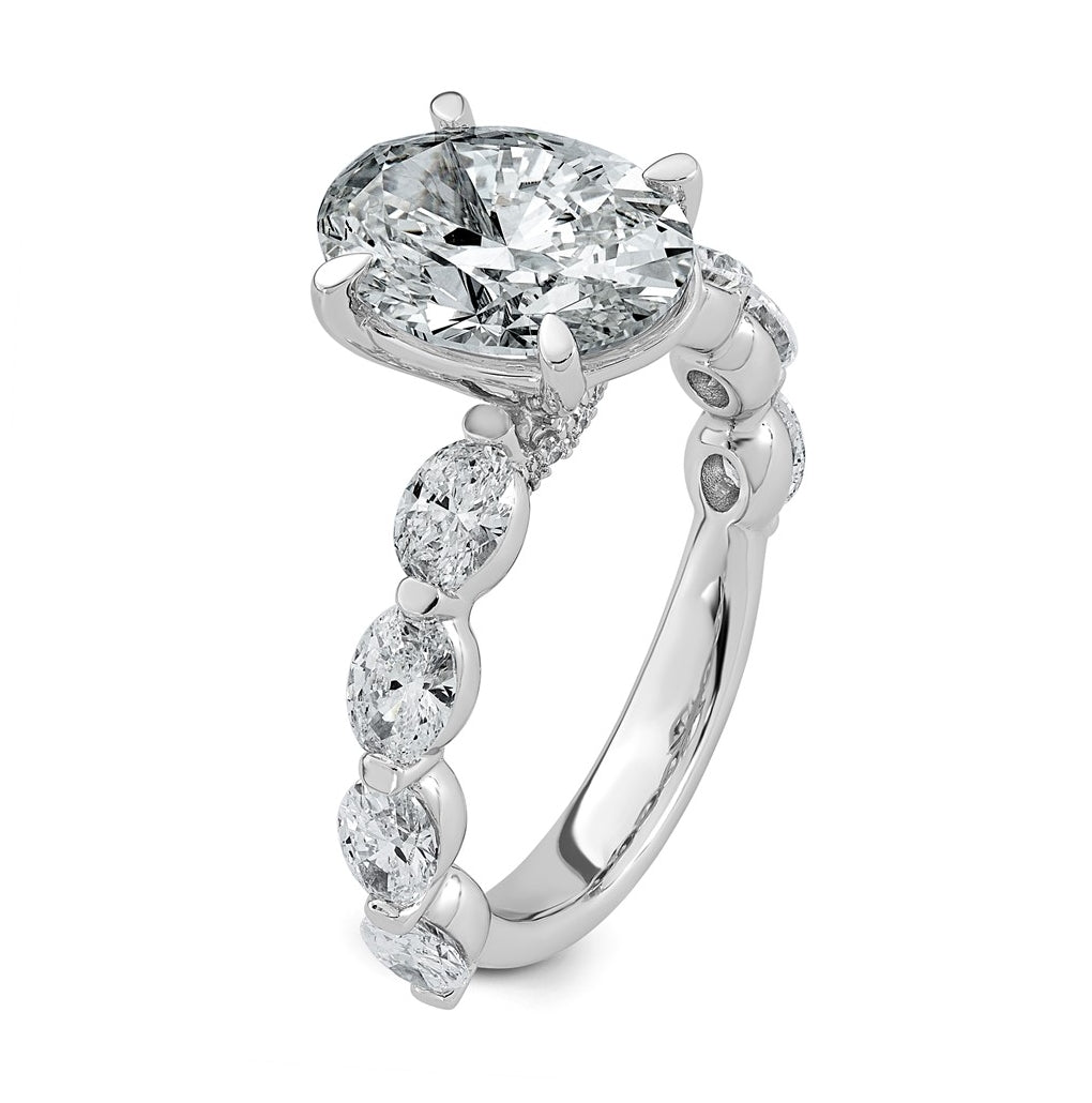 14K White Gold 4 1/2ct Certified Oval Ctr Lab Grown Diamond VS+ F+ w/ Oval Sides Comp. En