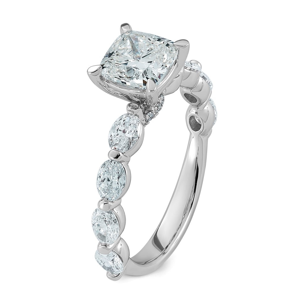 14K White Gold 2 5/8ct Cert. Cushion Ctr Lab Grown Diamond VS+ F+ w/ Oval Sides Comp. Eng