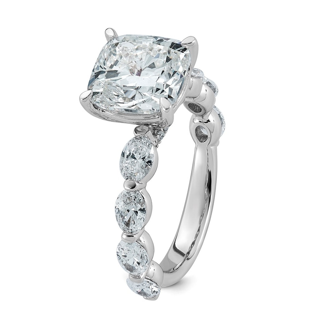 14K White Gold 5 1/2ct Cert. Cushion Ctr Lab Grown Diamond VS+ F+ w/ Oval Sides Comp. Eng
