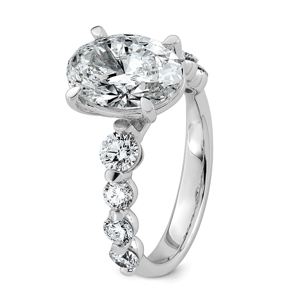 14K White Gold 4ct Certified Oval Ctr Lab Grown Diamond VS+ F+ w/ Round Sides Comp. Eng.