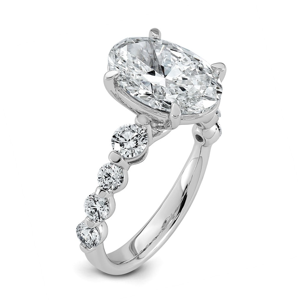 14K White Gold 5ct Certified Oval Ctr Lab Grown Diamond VS+ F+ w/ Round Sides Comp. Eng.