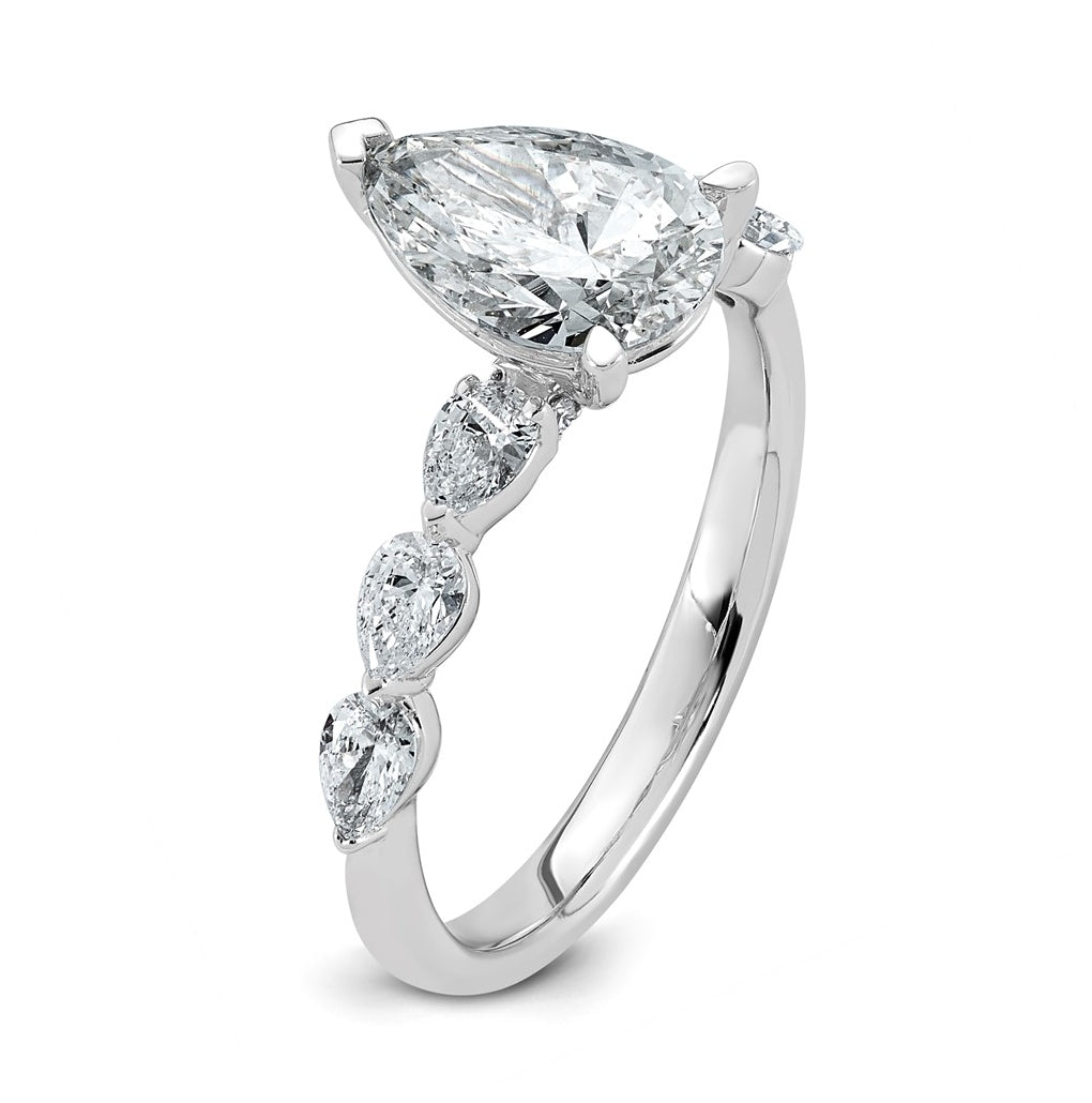 14K White Gold 2 1/8ct Certified Pear Ctr Lab Grown Diamond VS+ F+ w/ Pear Sides Comp. En