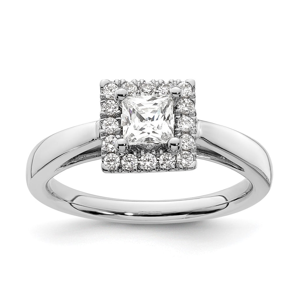14k White Gold Halo (Holds 1/2 carat (4.3mm) Princess Center) 1/5 carat Diamond Semi-mount Engagement Ring