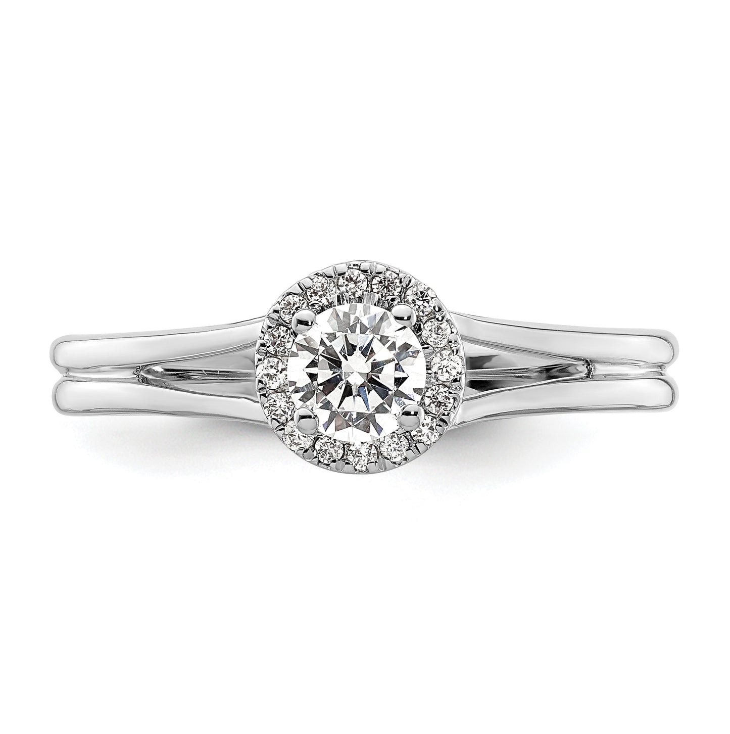 14k White Gold Halo (Holds 1/4 carat (4mm) Round Center) 1/20 carat Diamond Semi-mount Split Shank Engagement Ring