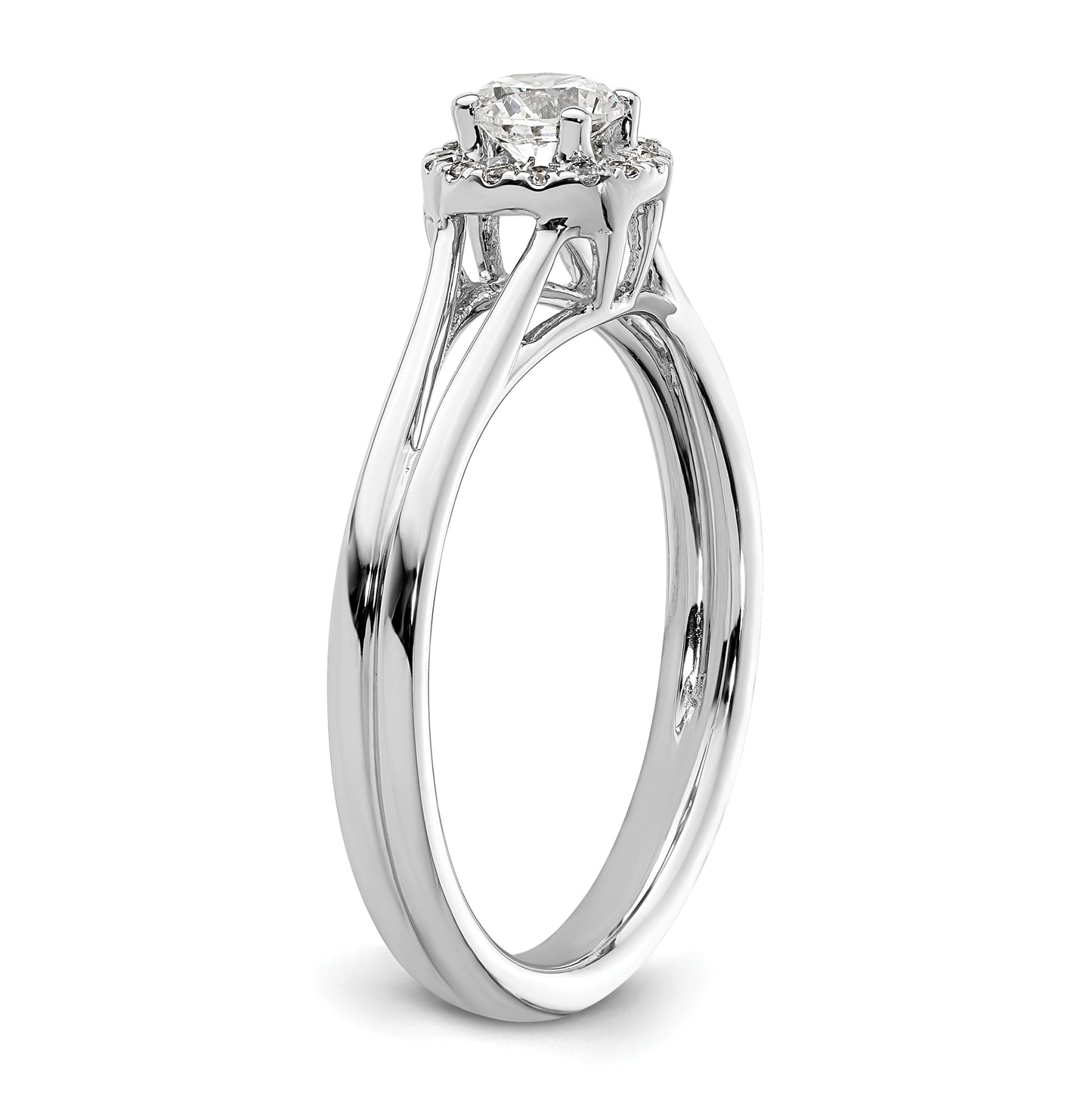14k White Gold Halo (Holds 1/4 carat (4mm) Round Center) 1/20 carat Diamond Semi-mount Split Shank Engagement Ring