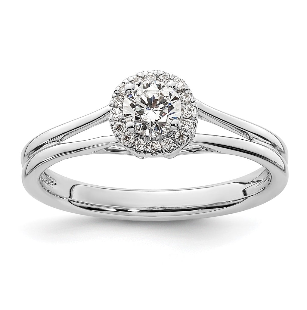14k White Gold Halo (Holds 1/4 carat (4mm) Round Center) 1/20 carat Diamond Semi-mount Split Shank Engagement Ring