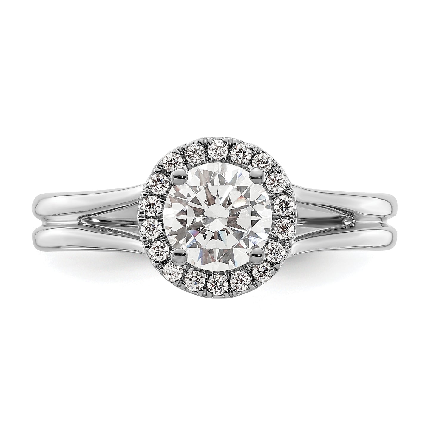 14k White Gold Halo (Holds 3/4 carat (5.7mm) Round Center) 1/10 carat Diamond Semi-mount Split Shank Engagement Ring