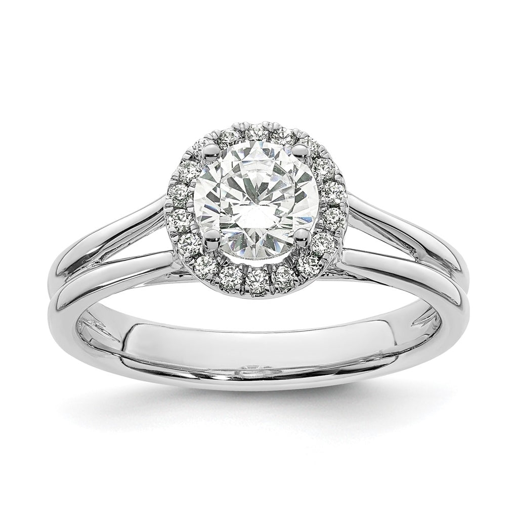 14k White Gold Halo (Holds 3/4 carat (5.7mm) Round Center) 1/10 carat Diamond Semi-mount Split Shank Engagement Ring
