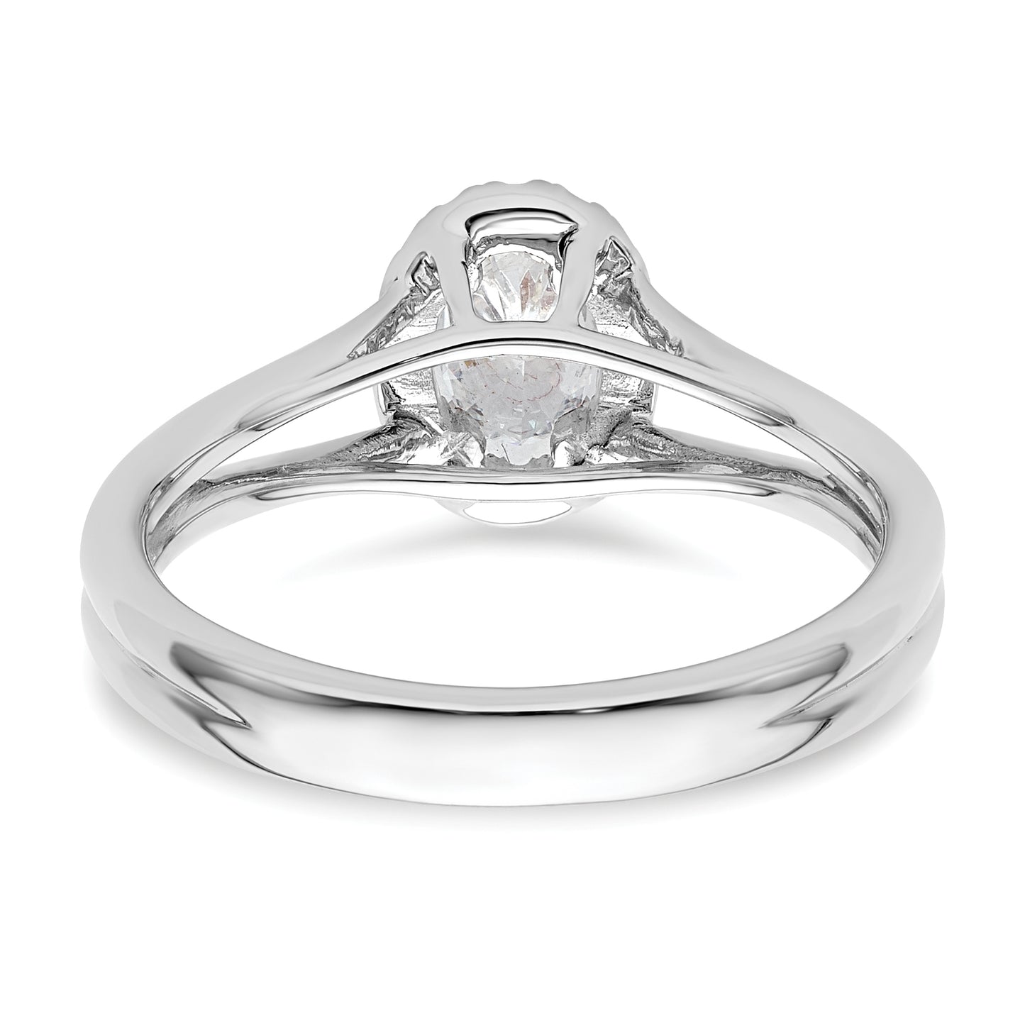 14k White Gold Halo (Holds 1/2 carat (6x4mm) Oval Center) 1/10 carat Diamond Semi-mount Split Shank Engagement Ring