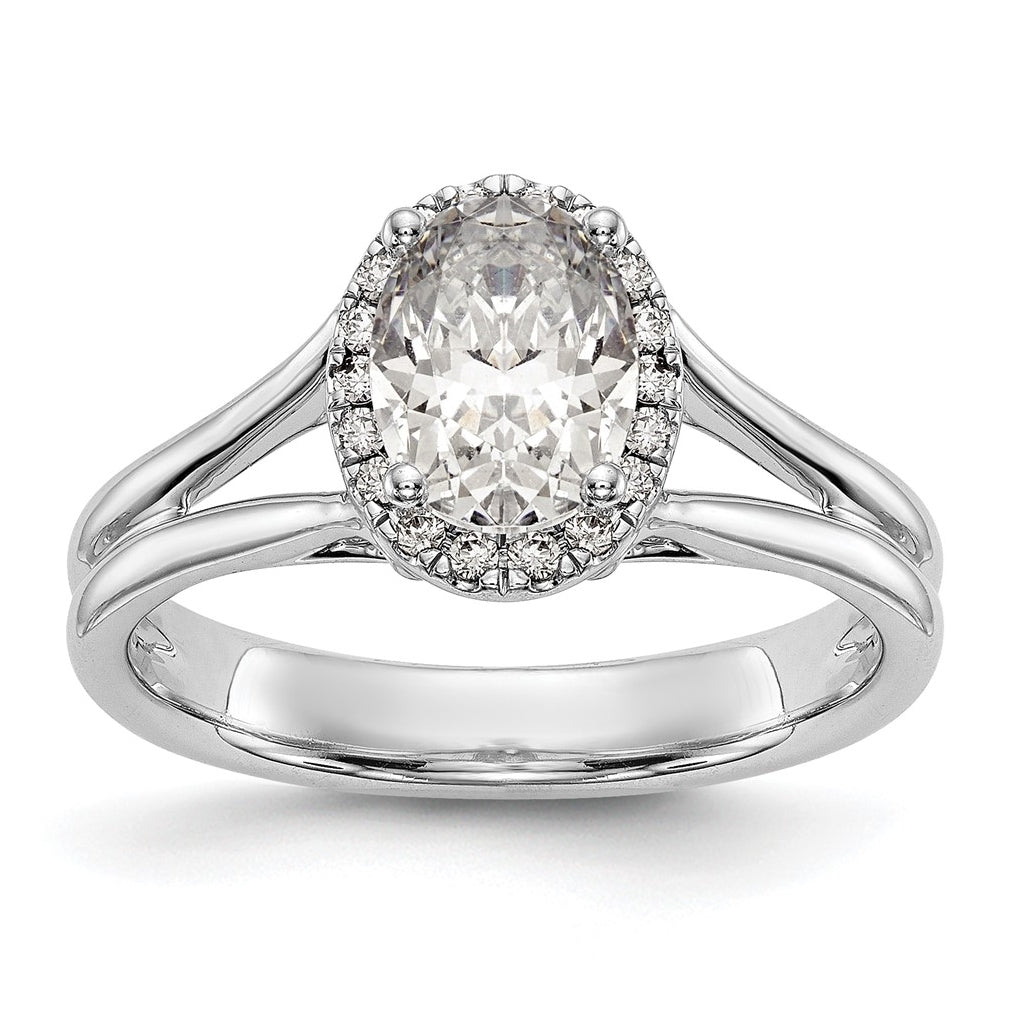 14k White Gold Halo (Holds 1 carat (8x5.7mm) Oval Center) 1/8 carat Diamond Semi-mount Split Shank Engagement Ring