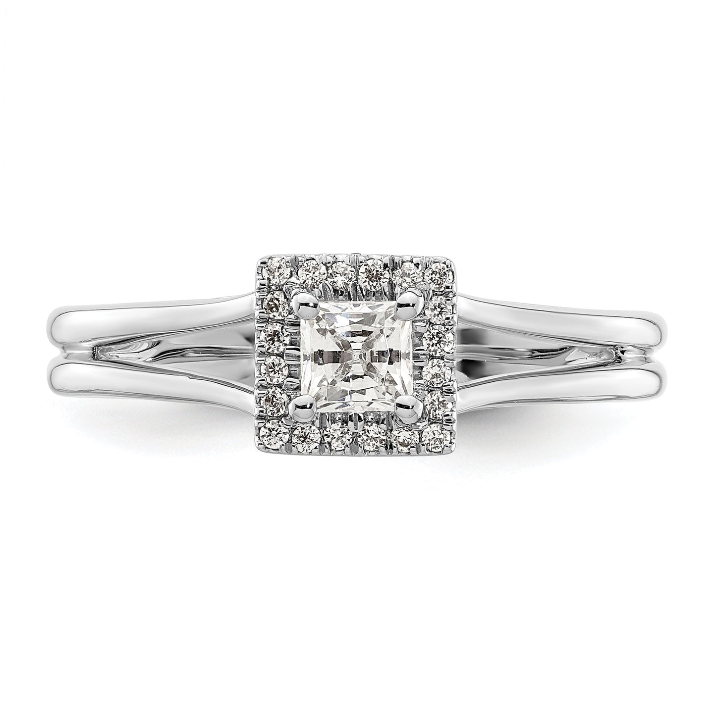 14k White Gold Halo (Holds 1/4 carat (3.6mm) Princess Center) 1/15 carat Diamond Semi-mount Split Shank Engagement Ring
