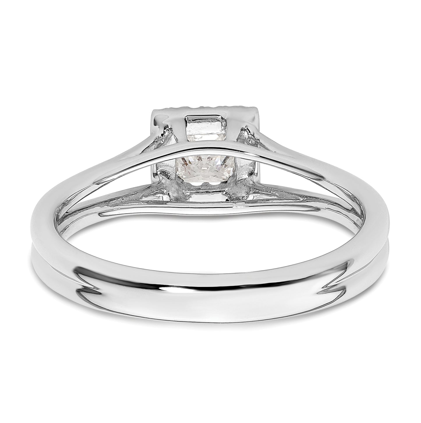14k White Gold Halo (Holds 1/4 carat (3.6mm) Princess Center) 1/15 carat Diamond Semi-mount Split Shank Engagement Ring