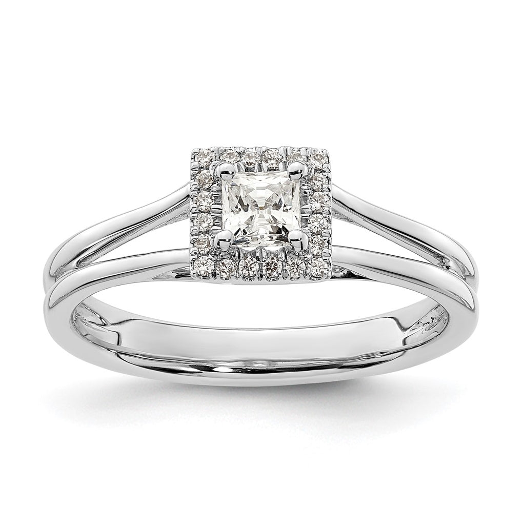 14k White Gold Halo (Holds 1/4 carat (3.6mm) Princess Center) 1/15 carat Diamond Semi-mount Split Shank Engagement Ring