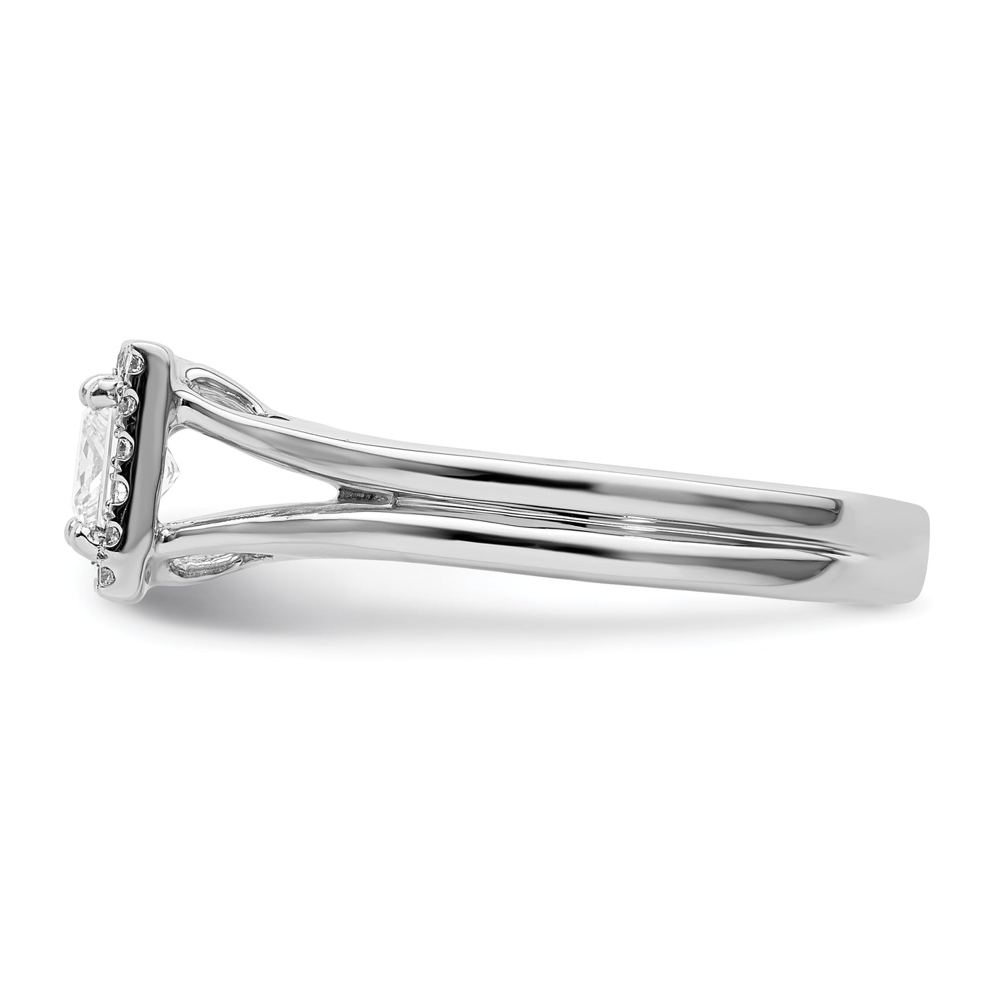 14k White Gold Halo (Holds 1/2 carat (4.4mm) Princess Center) 1/8 carat Diamond Semi-mount Split Shank Engagement Ring