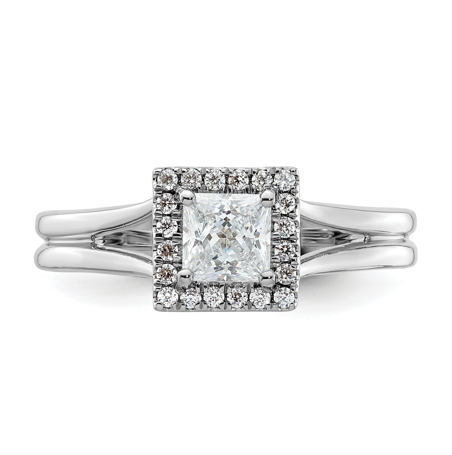 14k White Gold Halo (Holds 1/2 carat (4.4mm) Princess Center) 1/8 carat Diamond Semi-mount Split Shank Engagement Ring