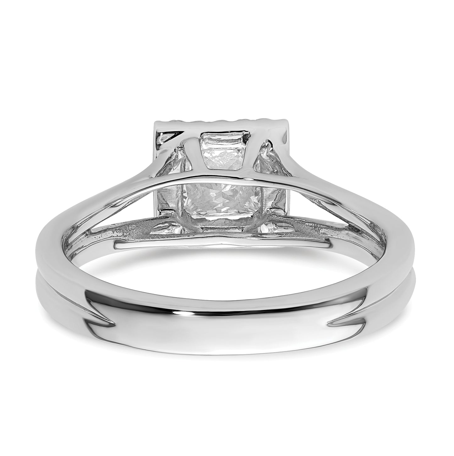 14k White Gold Halo (Holds 1/2 carat (4.4mm) Princess Center) 1/8 carat Diamond Semi-mount Split Shank Engagement Ring