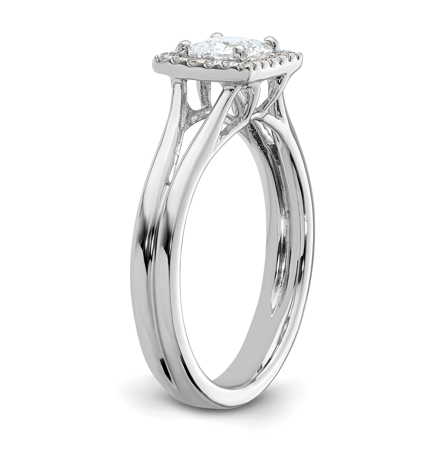 14k White Gold Halo (Holds 1/2 carat (4.4mm) Princess Center) 1/8 carat Diamond Semi-mount Split Shank Engagement Ring