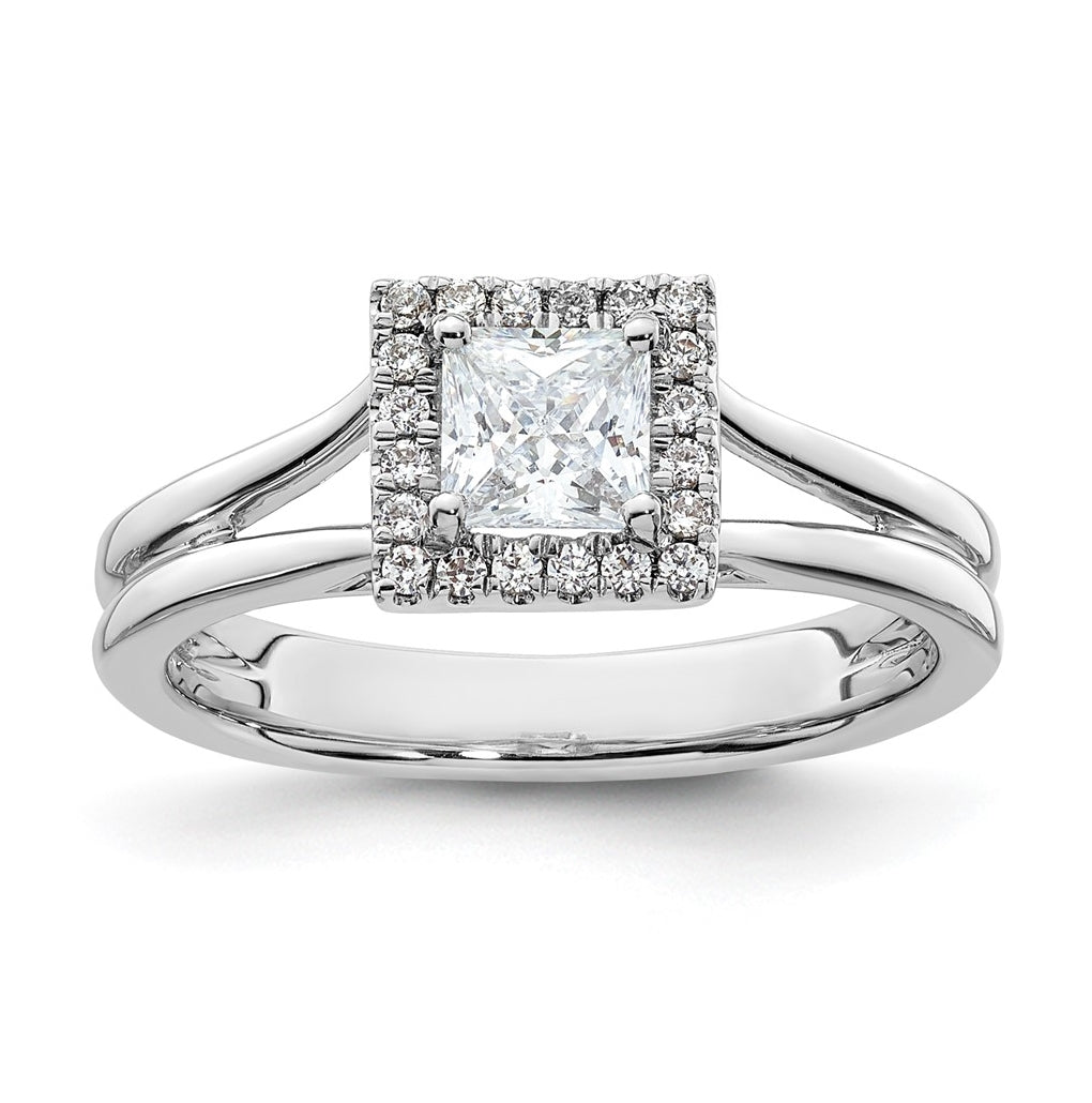 14k White Gold Halo (Holds 1/2 carat (4.4mm) Princess Center) 1/8 carat Diamond Semi-mount Split Shank Engagement Ring