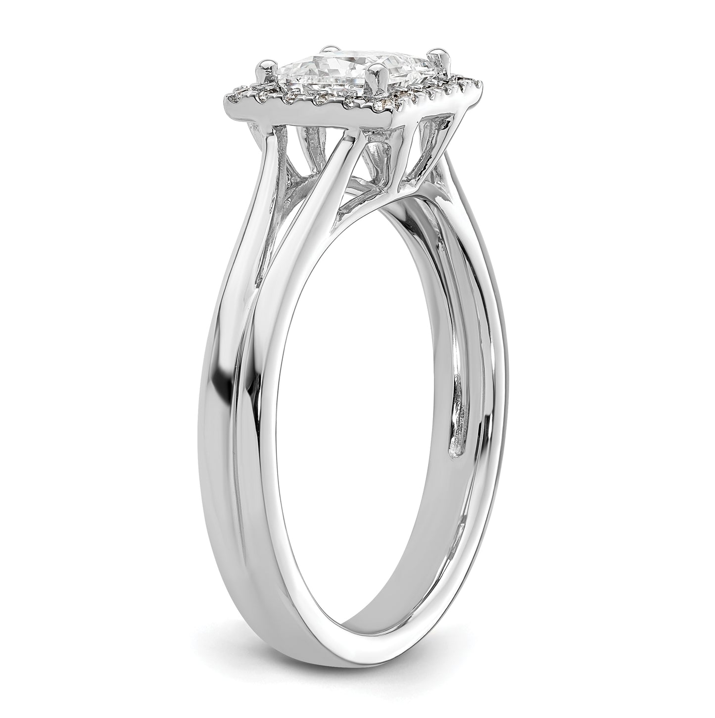 14k White Gold Halo (Holds 3/4 carat (4.9mm) Princess Center) 1/8 carat Diamond Semi-mount Split Shank Engagement Ring