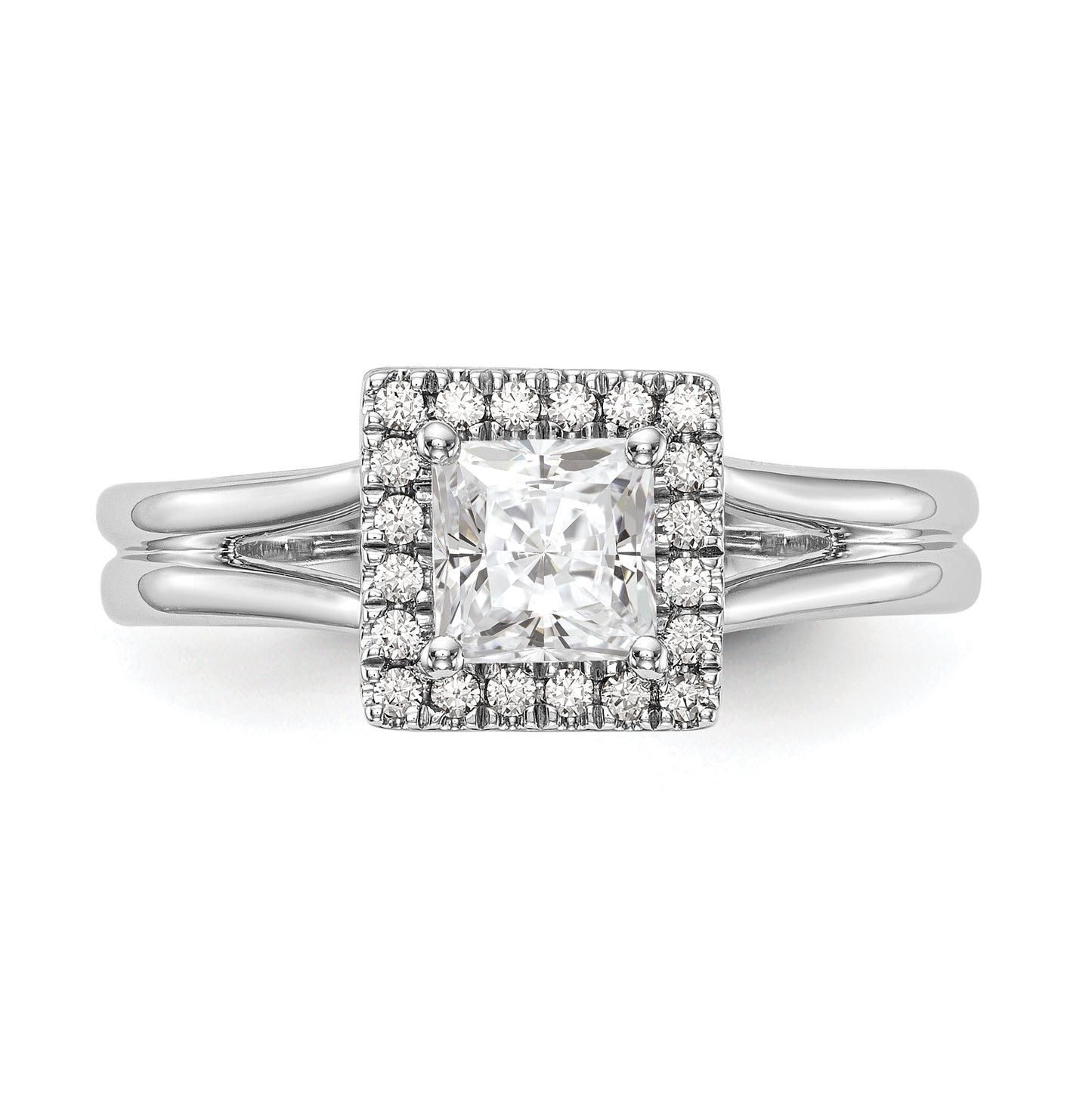 14k White Gold Halo (Holds 1 carat (5.7mm) Princess Center) 1/6 carat Diamond Semi-mount Split Shank Engagement Ring
