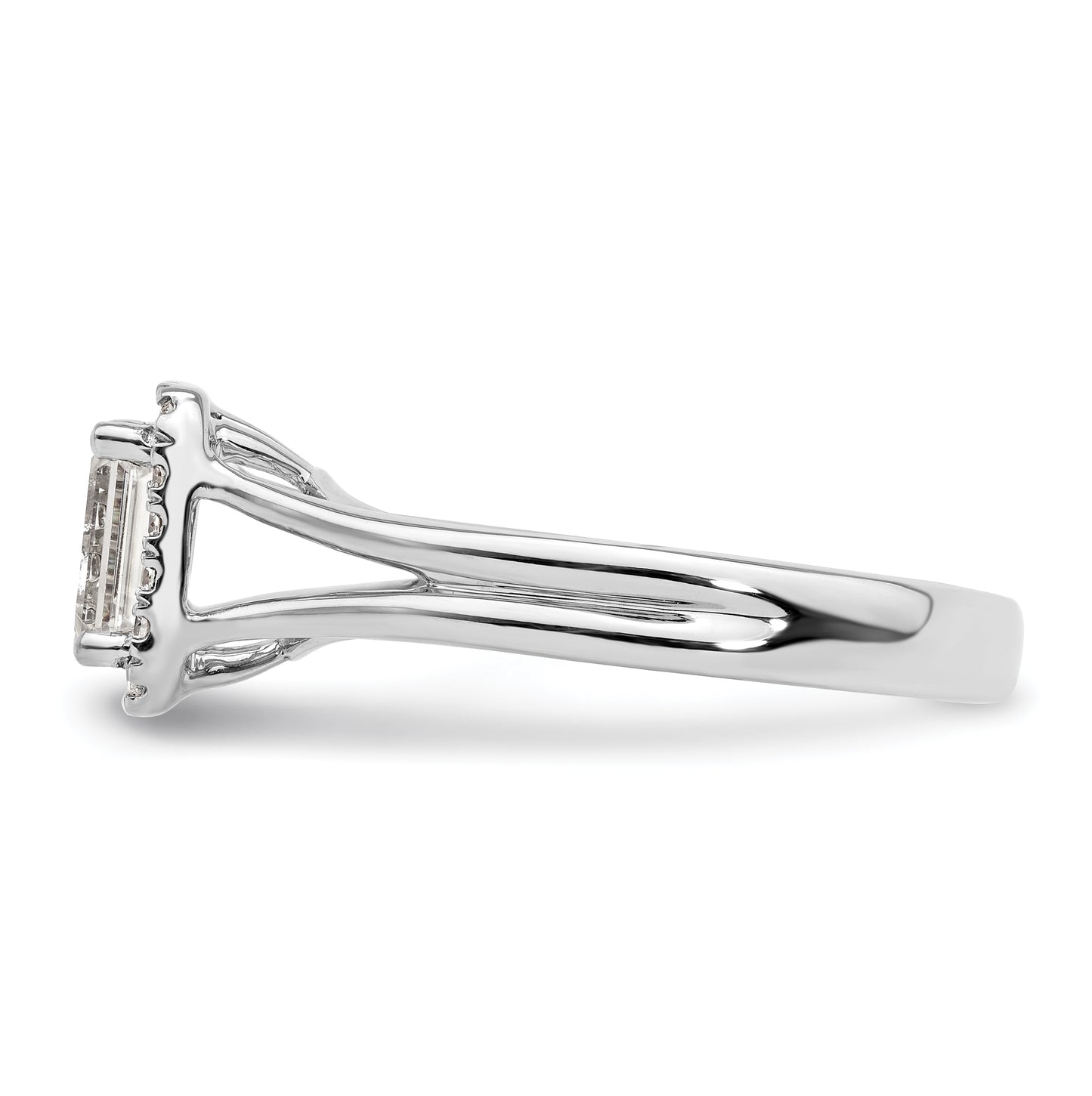14k White Gold Halo (Holds 3/4 carat (5.7x4.5mm) Emerald-cut Center) 1/10 carat Diamond Semi-mount Split Shank Engagement Ring