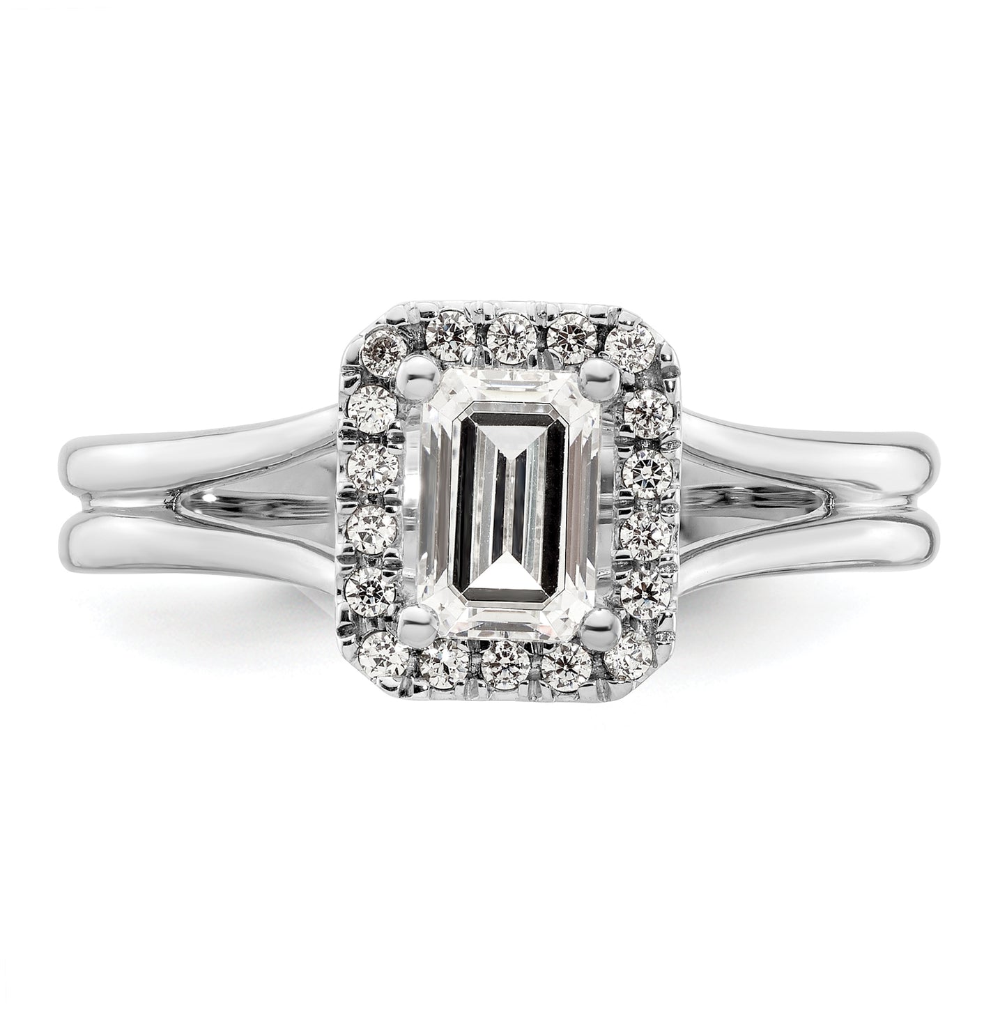 14k White Gold Halo (Holds 3/4 carat (5.7x4.5mm) Emerald-cut Center) 1/10 carat Diamond Semi-mount Split Shank Engagement Ring