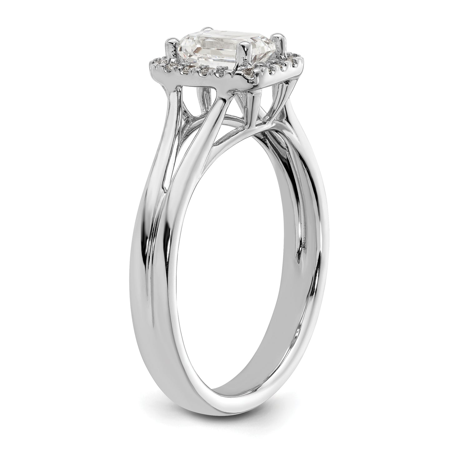 14k White Gold Halo (Holds 3/4 carat (5.7x4.5mm) Emerald-cut Center) 1/10 carat Diamond Semi-mount Split Shank Engagement Ring